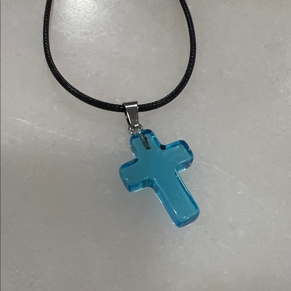 Aqua Cross Resin Pendant Necklace - Picture 2 of 5